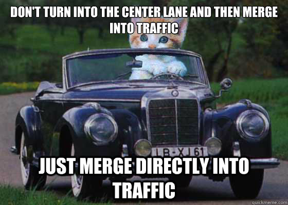 dont turn into the center lane and then merge into traffic - Driving Advice Kitten