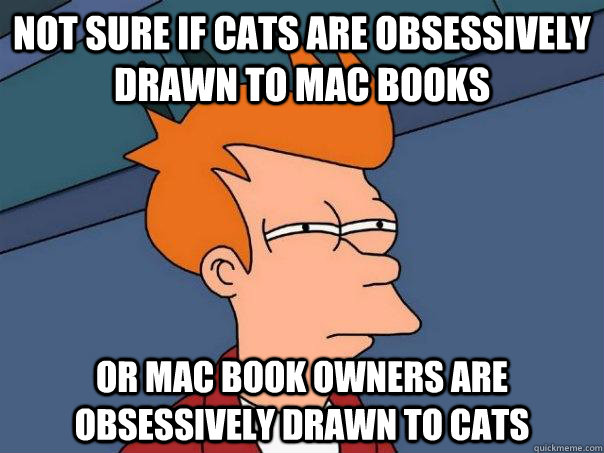 not sure if cats are obsessively drawn to mac books or mac b - Futurama Fry