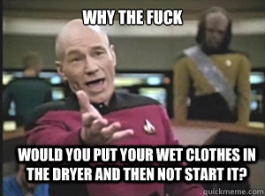 why the fuck would you put your wet clothes in the dryer and - Annoyed Picard