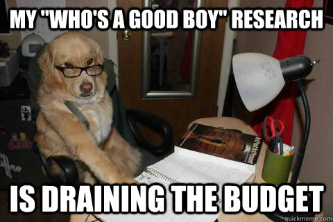my whos a good boy research is draining the budget - Financial Advice Dog