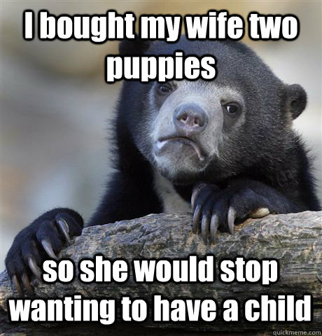 i bought my wife two puppies so she would stop wanting to ha - Confession Bear