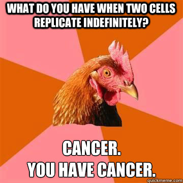 what do you have when two cells replicate indefinitely canc - anti joke chicken