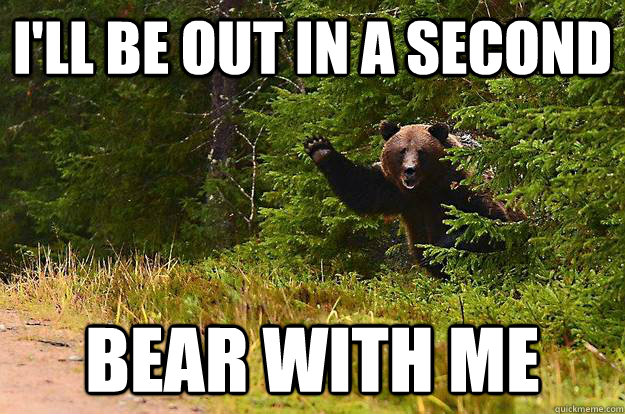 ill be out in a second bear with me - waving bear