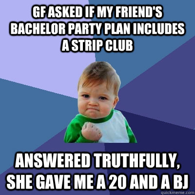 gf asked if my friends bachelor party plan includes a strip - Success Kid