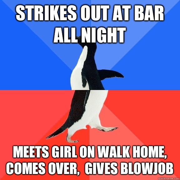 Strikes out at bar all night Meets girl on walk home comes o - Socially Awkward Awesome Penguin