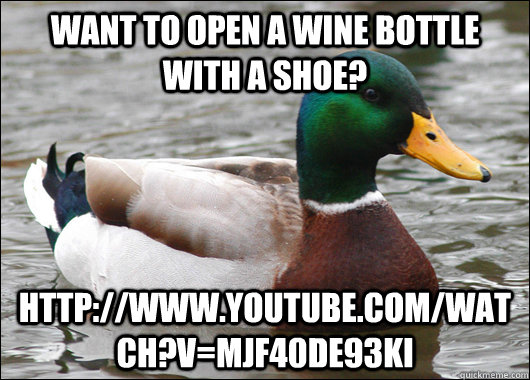 want to open a wine bottle with a shoe httpwwwyoutubec - Actual Advice Mallard