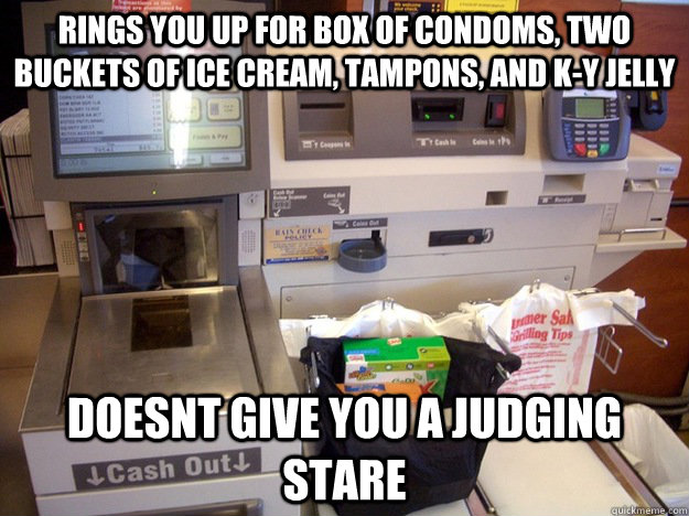 rings you up for box of condoms two buckets of ice cream t - Good guy self checkout