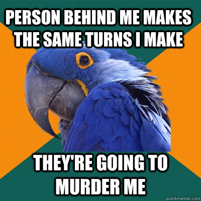person behind me makes the same turns i make theyre going t - Paranoid Parrot
