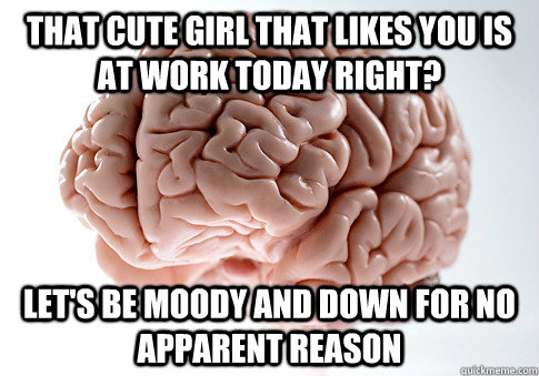 that cute girl that likes you is at work today right lets - Scumbag Brain