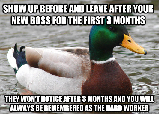 show up before and leave after your new boss for the first 3 - Actual Advice Mallard