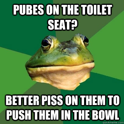 pubes on the toilet seat better piss on them to push them i - Foul Bachelor Frog