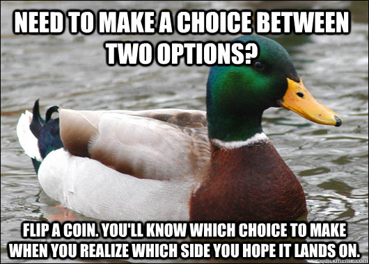 need to make a choice between two options flip a coin you - Actual Advice Mallard
