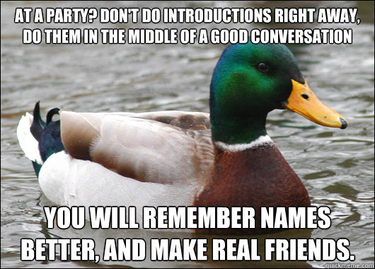 at a party dont do introductions right away do them in th - Actual Advice Mallard
