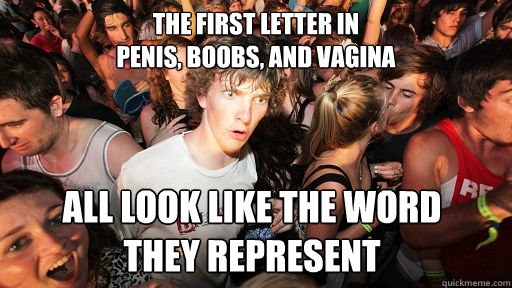 the first letter in penis boobs and vagina all look like - Sudden Clarity Clarence