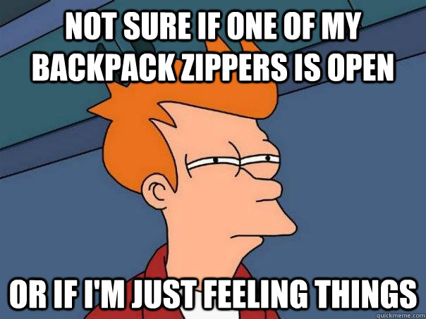 not sure if one of my backpack zippers is open or if im jus - Futurama Fry