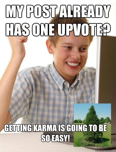 my post already has one upvote getting karma is going to be - 1st day internet kid