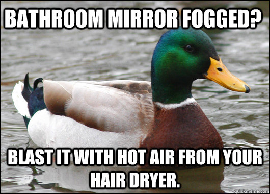 bathroom mirror fogged blast it with hot air from your hair - Actual Advice Mallard