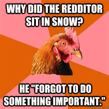 why did the redditor sit in snow he forgot to do somethin - Anti-Joke Chicken