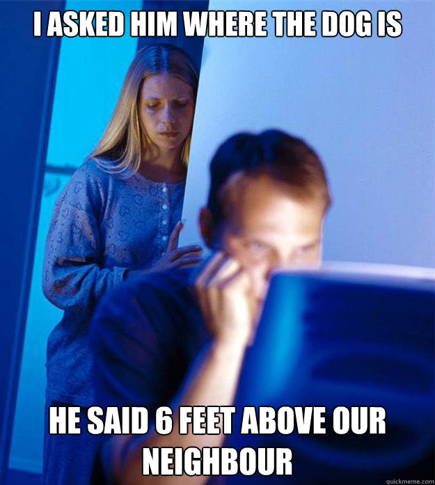 i asked him where the dog is he said 6 feet above our neighb - Redditors Wife
