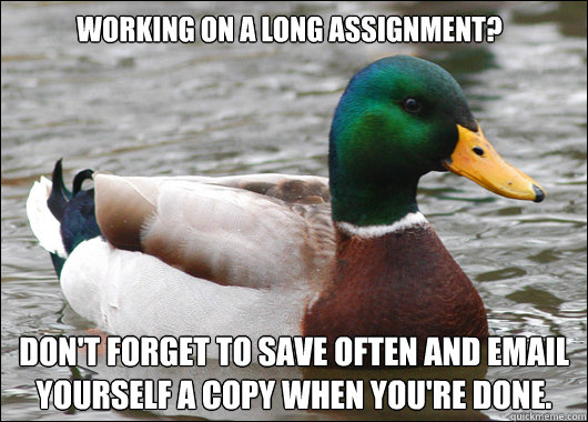 working on a long assignment dont forget to save often and - Actual Advice Mallard