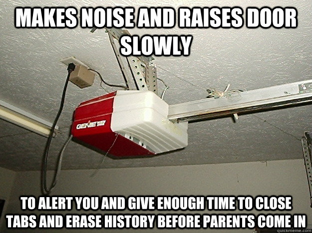 makes noise and raises door slowly to alert you and give eno -