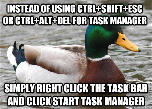 instead of using ctrlshiftesc or ctrlaltdel for task man - Actual Advice Mallard