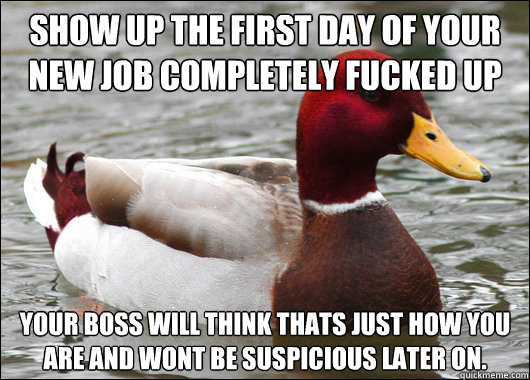 show up the first day of your new job completely fucked up y - Malicious Advice Mallard