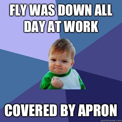 Fly was down all day at work Covered by apron - Success Kid