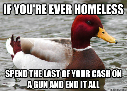 if youre ever homeless spend the last of your cash on a gun - Malicious Advice Mallard