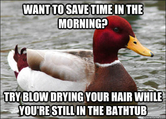 want to save time in the morning try blow drying your hair - Malicious Advice Mallard