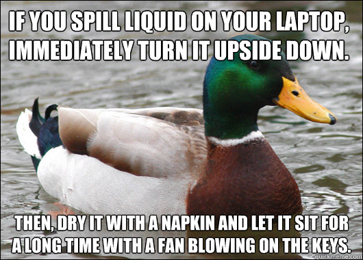 if you spill liquid on your laptop immediately turn it upsi - Actual Advice Mallard