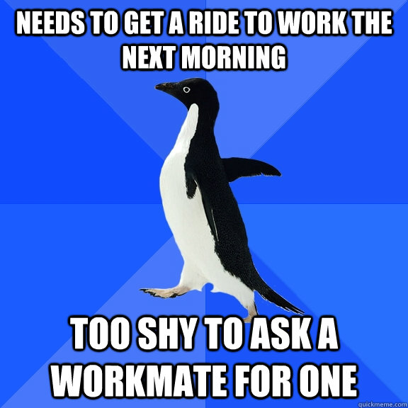 needs to get a ride to work the next morning too shy to ask - Socially Awkward Penguin