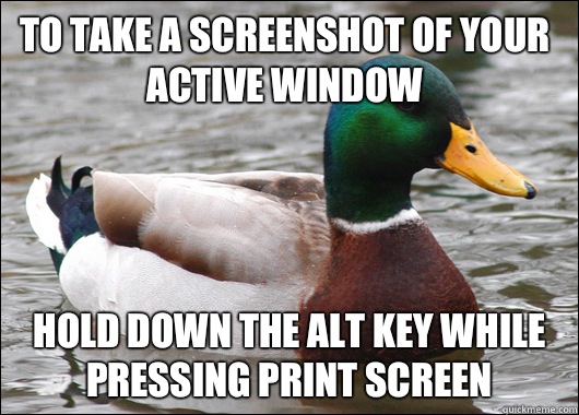 To take a screenshot of your active window Hold down the alt - Actual Advice Mallard
