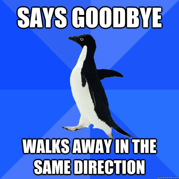 says goodbye walks away in the same direction - Socially Awkward Penguin