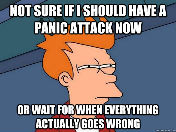 not sure if i should have a panic attack now or wait for whe - Futurama Fry