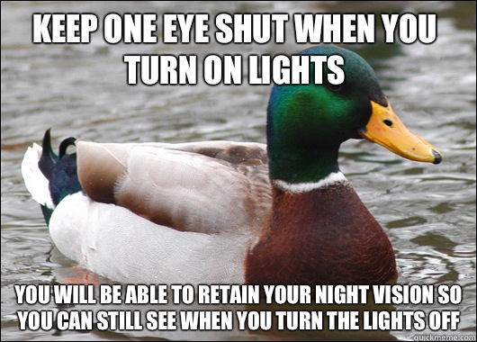 Keep one eye shut when you turn on lights You will be able t - Actual Advice Mallard