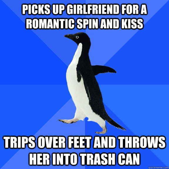 picks up girlfriend for a romantic spin and kiss trips over - Socially Awkward Penguin