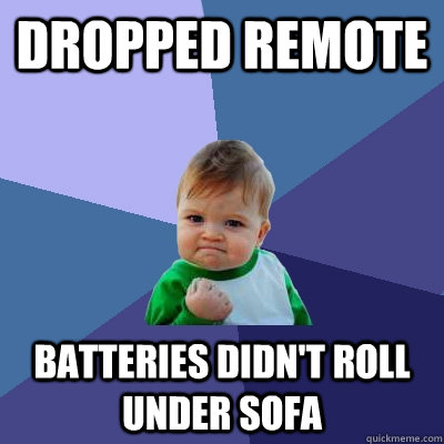 dropped remote batteries didnt roll under sofa - Success Kid