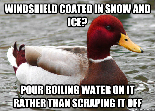 windshield coated in snow and ice pour boiling water on it - Malicious Advice Mallard