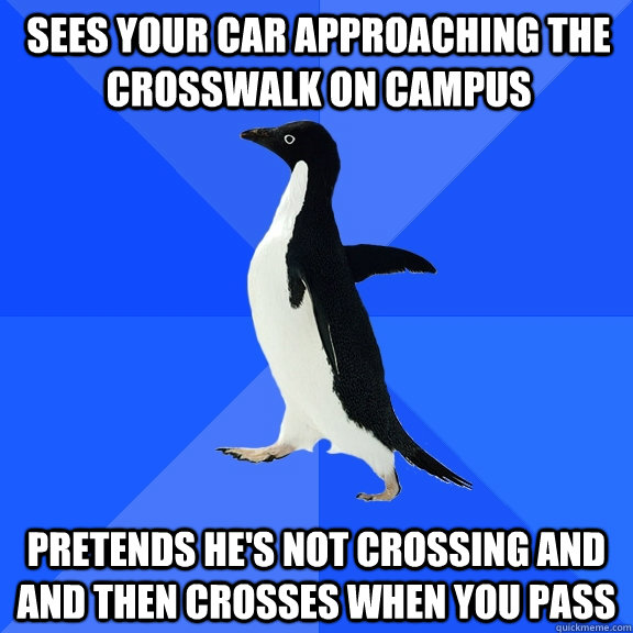 sees your car approaching the crosswalk on campus pretends h - Socially Awkward Penguin