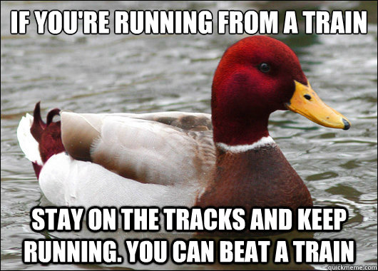 if youre running from a train stay on the tracks and keep - Malicious Advice Mallard