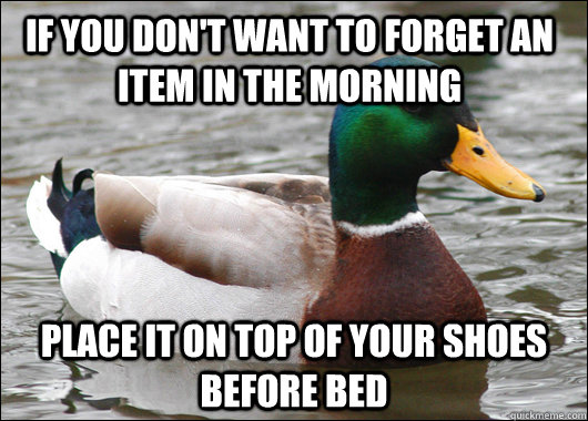if you dont want to forget an item in the morning place it - Actual Advice Mallard