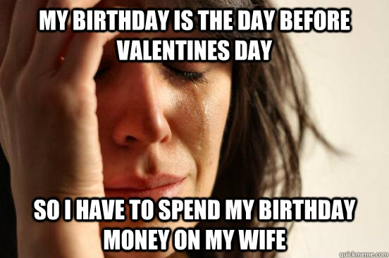 my birthday is the day before valentines day so i have to sp - First World Problems