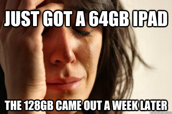 just got a 64gb ipad the 128gb came out a week later - First World Problems