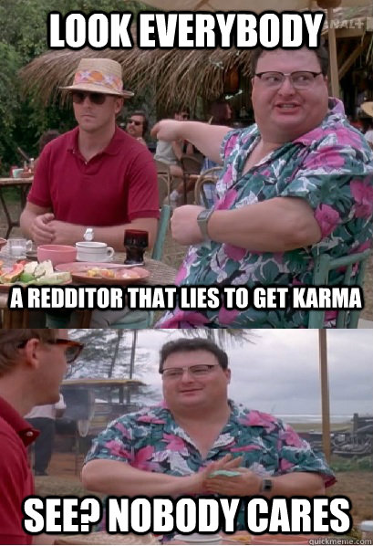 look everybody a redditor that lies to get karma see nobody - Nobody Cares