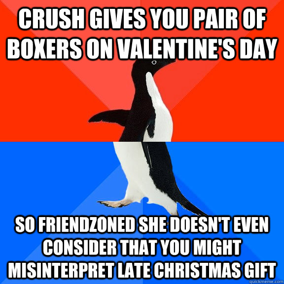 crush gives you pair of boxers on valentines day so friendz - Socially Awesome Awkward Penguin