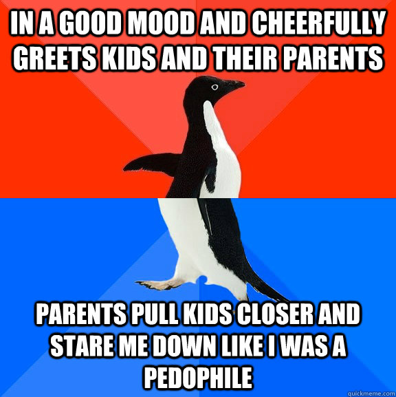 in a good mood and cheerfully greets kids and their parents - Socially Awesome Awkward Penguin