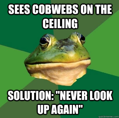 sees cobwebs on the ceiling solution never look up again - Foul Bachelor Frog