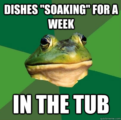 dishes soaking for a week in the tub - Foul Bachelor Frog
