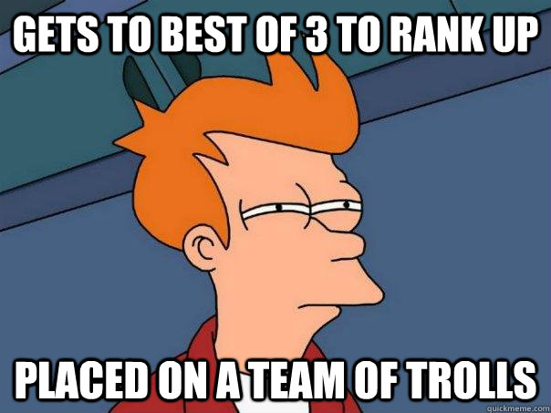 gets to best of 3 to rank up placed on a team of trolls - Futurama Fry
